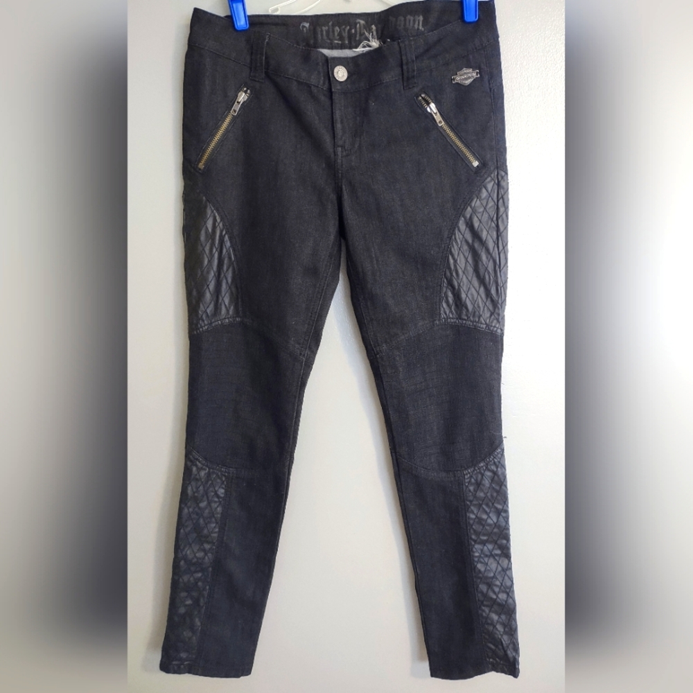 Harley-Davidson Pants, Black Denim and Leather Details, Size 10, Great Condition